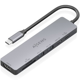 Aisens Dock USB-C 7 en 1 con HDMI 4K, USB-A, USB-C PD 100W y lectores de tarjetas, Gris